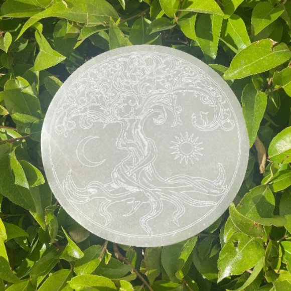 Selenite Tree of Life Etched Charging Plate, Boho Decor, Altar Pieces, Power - Picture 1 of 5